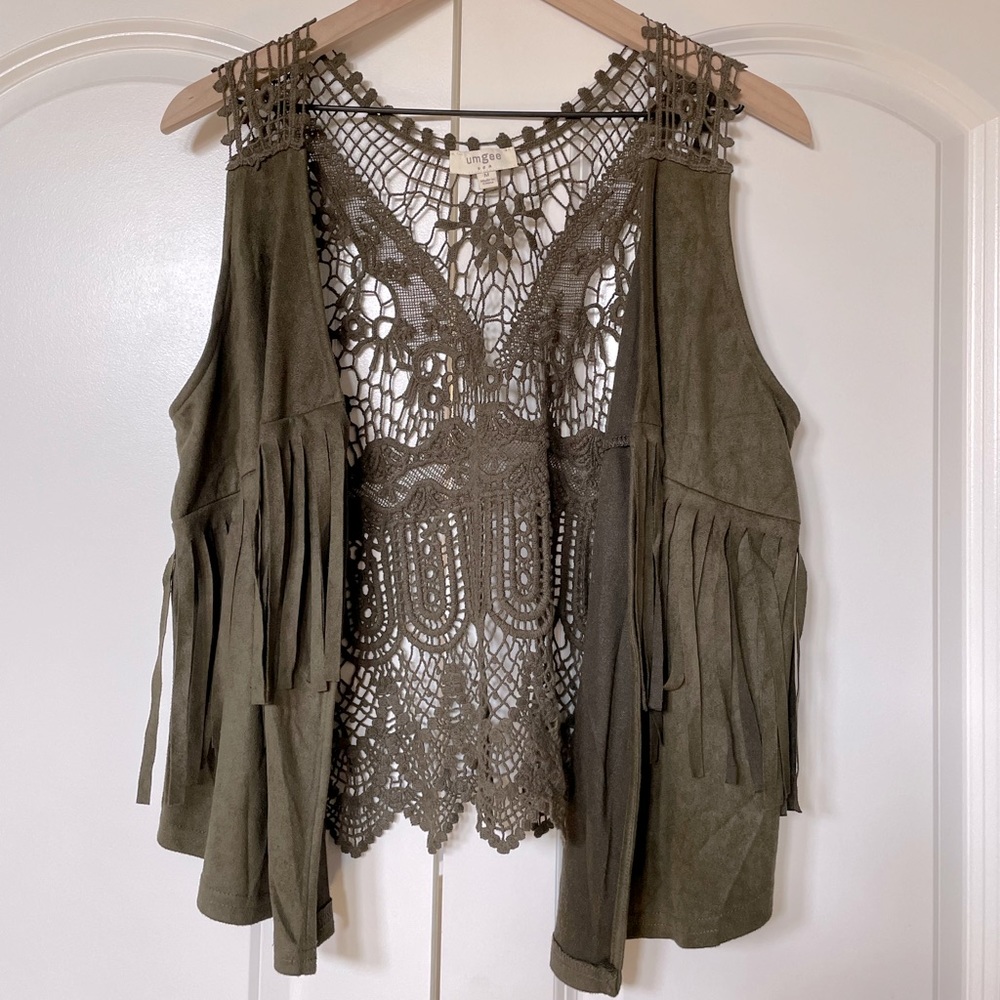 Olive vest with fringe and crotchet back